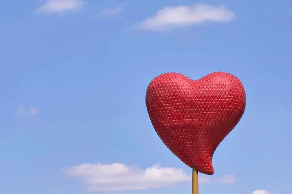 View of a red balloon in the shape of a heart